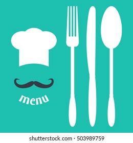 Big chef hat with mustache. Foods Service icon. Menu card. Simple flat vector illustration, EPS 10.