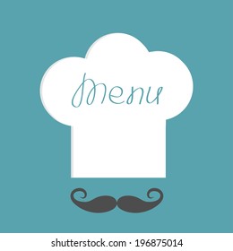 Big chef hat with word Menu inside and mustache. Flat design style. Vector illustration