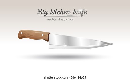 Big chef kitchen knife with wooden handle. Cooking utensils. Realistic vector illustration