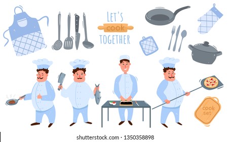 Big chef set.Cook fried steak, puts a knife over the fish, puts pizza in the oven, Chinese chef wraps sushi,rolls. Let's cook together!Big set of kitchen utensils.Vector illustration isolated on white