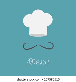 Big chefs hat and mustache. Menu card. Flat design style. Vector illustration.