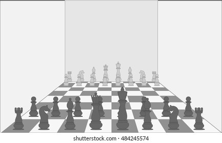 Big chess pieces in an empty room. Vector