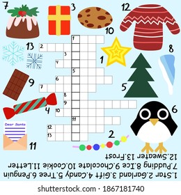 Big children crossword for Christmas time stock vector illustration. Funny educational word game with keyword - Saint Nicholas and answer. Winter crossword colorful printable page. One of a series