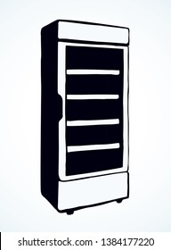 Big chiller show ice soda good case icebox stand on white background. Line black hand draw empty rack chest box cafe aisle device symbol sign in art modern doodle cartoon style on paper space for text