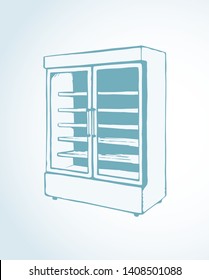 Big chiller show ice soda good case icebox stand on white background. Line black hand draw empty rack chest box cafe aisle device symbol sign in art modern doodle cartoon style on paper space for text
