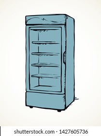 Big chiller show ice soda good case icebox stand on white background. Line black hand draw empty rack chest box cafe aisle device symbol sign in art modern doodle cartoon style on paper space for text