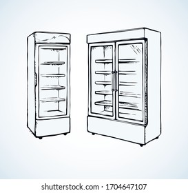 Big chiller show ice soda good case icebox stand on white background. Line black hand draw empty rack chest box cafe aisle device symbol sign in art modern doodle cartoon style on paper space for text