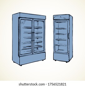 Big chiller show ice soda good case icebox stand on white background. Line black hand draw empty rack chest box cafe aisle device symbol sign in art modern doodle cartoon style on paper space for text