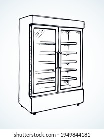 Big chiller show ice soda good case icebox stand on white background. Line black hand draw empty rack chest box cafe aisle device symbol sign in art modern doodle cartoon style on paper space for text svg