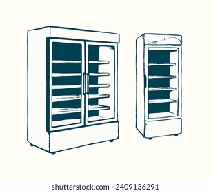 Big chiller show ice soda good case icebox stand on white background. Line black hand draw empty rack chest box cafe aisle device symbol sign in art modern doodle cartoon style on paper space for text