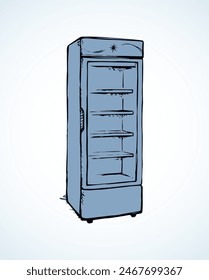 Big chiller show ice soda good case icebox stand on white background. Line black hand draw empty rack chest box cafe aisle device symbol sign in art modern doodle cartoon style on paper space for text