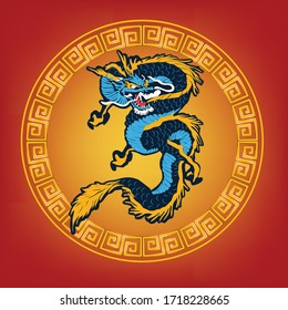 A big Chinese dragon in golden circle frame on a red background