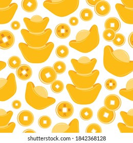 Big chinese gold ingots Yuan Bao and old coins with hieroglyphs seamless pattern. Happy Chinese New Year background. Wish of wealth, abundance and monetary luck. Asian money. Vector flat illustration