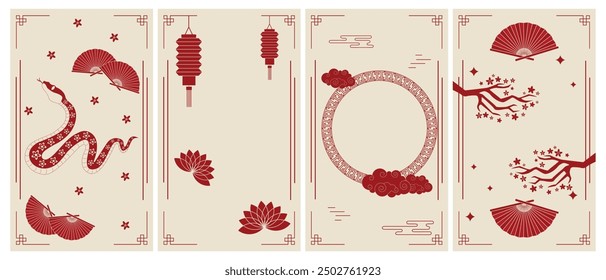 Big Chinese traditional New Year backgrounds with snake flowers pattern, clouds, lanterns, fan, Chinese ornaments and vintage red oriental Chinese border frames. Vertical vector posters