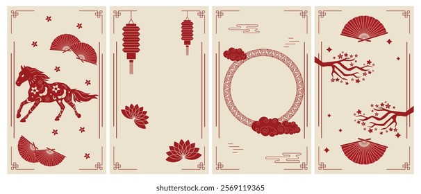 Big Chinese traditional New Year backgrounds with horse flowers pattern, clouds, lanterns, fan, Chinese ornaments and vintage red oriental Chinese border frames. Vertical vector posters