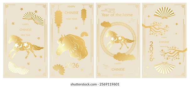 Big Chinese traditional New Year backgrounds with horse flowers pattern, clouds, lanterns, fan, Chinese ornaments and vintage golden oriental Chinese border frames. Vertical vector posters