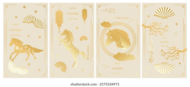 Big Chinese traditional New Year backgrounds with horse flowers pattern, clouds, lanterns, fan, Chinese ornaments and vintage golden oriental Chinese border frames. Vertical vector posters