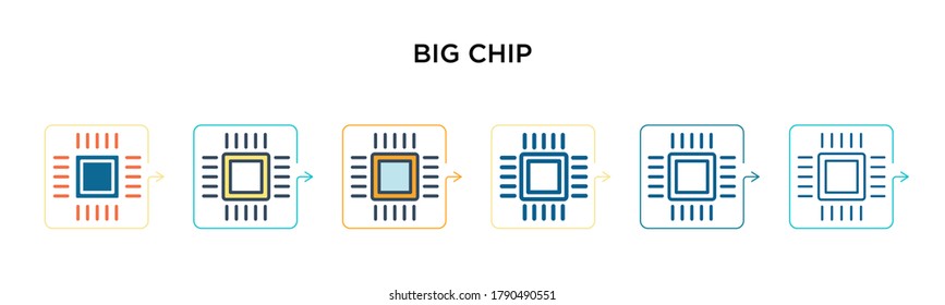 Big chip vector icon in 6 different modern styles. Black, two colored big chip icons designed in filled, outline, line and stroke style. Vector illustration can be used for web, mobile, ui