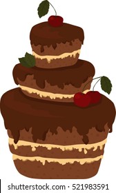 Big chocolate cake with cherries.
