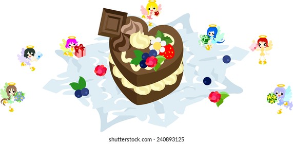 A big chocolate cake and small angels blessing love.