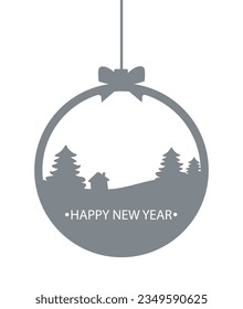 Big Christmas ball with trees and a house. Round template for laser cutting, paper cutting, wood, metal, for gift and interior. Vector Holiday composition. EPS10.