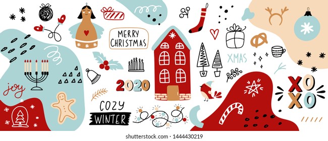 Big Christmas banner with gift, house, bird, сandles, garlands and hand-drawn elements. Vector background. Christmas Posters. Scandinavian style. 