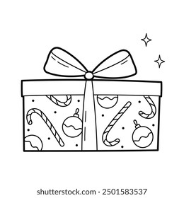 Big Christmas box with ribbon. Outline illustration, isolated on white background. Design elements