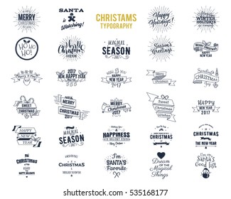 Big Christmas bundle - typography wishes, funny badges, holiday icons and other elements. New Year 2017 lettering, sayings, vintage labels. Season's greetings calligraphy. Stock Vector isolated.