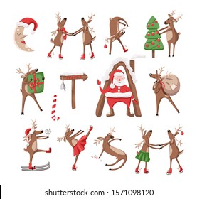 Big Christmas characters set. A collection of merry, dancing, skiing, drinking and skating, carrying gifts deers, moon, Christmas tree and Santa Claus. Vector illustration on white background.