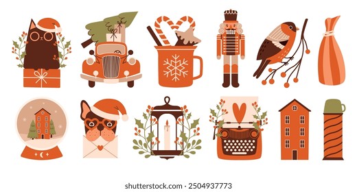 Big Christmas collection of cute cliparts. New Year tree with gifts lies on red vintage car. Christmas Glass Snow Globe. Bullfinch sitting on branch. Illustrations of nutcracker, house, cat, cup, bag.