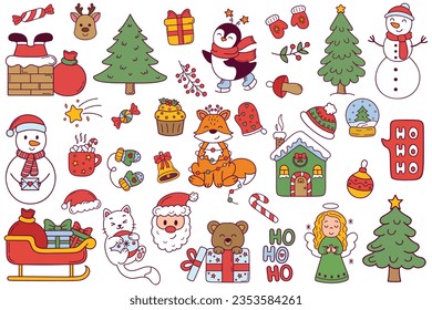 Big Christmas collection in doodle style with traditional Christmas and New Year elements. Vector set of holiday icons. Kids illustration for Christmas time. Big Christmas set.