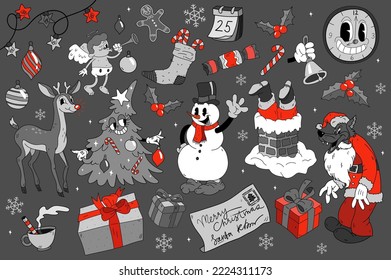 Big Christmas collection with Christmas elements in black, red and white retro cartoon style. Christmas holiday hand drawn cute symbols