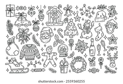 Big Christmas collection of festive symbols and design elements. Doodle vector illustration for sticker pack, banner, card, postcard.. Line art. Editable stroke.