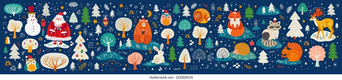 Big Christmas collection with Santa Claus, snowman, forest animals and Christmas trees