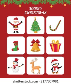 Big Christmas collection set in vintage style with traditional Christmas and New Year elements on red background, decorated with gift characters, christmas tree, bells, candy cane.