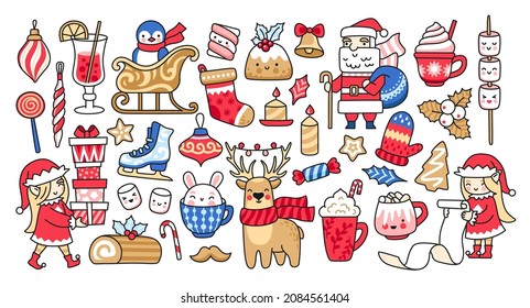 Big christmas collection. Set of winter holiday cartoon stickers. Christmas elf, deer, penguin in sled, kawaii bunny, santa сlaus, marshmallows. Vector isolated illustrations.