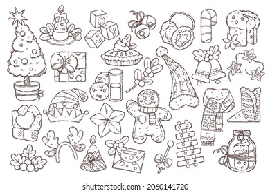 Big Christmas collection with traditional Christmas symbols, sweets and decorative elements. Isolated objects for backgrounds, wallpapers, textile, postcards, t-shirt prints. Vector hand drawn sketch.