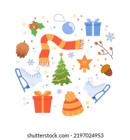 Big Christmas collection with traditional Christmas symbols. Christmas tree, boxes, knitted clothes. Vector illustration