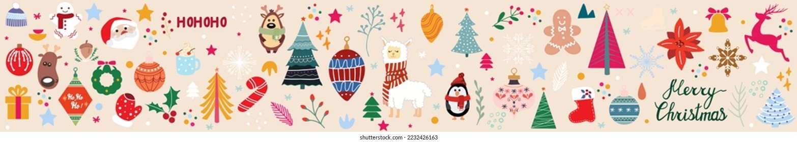 Big Christmas collection with traditional Christmas symbols and decorative elements. Christmas banner.
