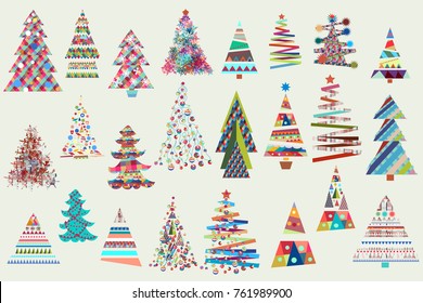 Big Christmas collection of vector Xmas trees in funky colors