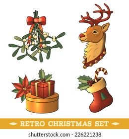 Big christmas colored icons set with deer sock gift boxes isolated vector illustration