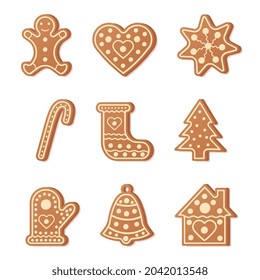 Big Christmas cookies collection with gingerbread and cookies figures of house, tree, man, heart, star, cane,mittens, bell and sock, gingerbread men, stars decorated curlicues colored glaze isolated