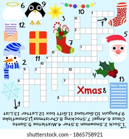 Big Christmas crossword stock vector illustration. Funny educational winter holidays crossword in English with answer. Amusing word game colorful square printable worksheet for kids home pastime