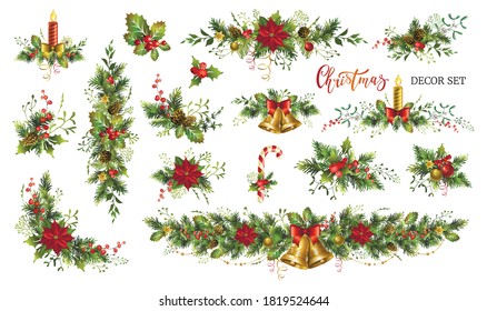 Big Christmas decor elements set for your design. Garland festive set. Vector illustration.