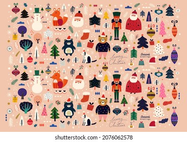 Big Christmas decorative set with funny Santa Claus, nutcracker, gift boxes and many others. Big Christmas collection in Scandinavian style with traditional Christmas and New Year elements