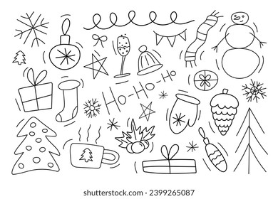 Big Christmas doodle set. Snowman winter clothes champagne gifts Christmas tree New Year doodle set