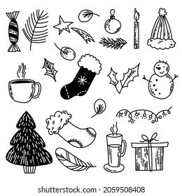 Big Christmas doodle set with traditional celebration symbols.