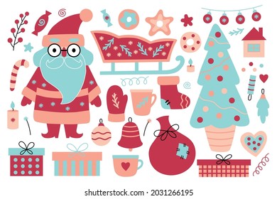 Big Christmas flat set. Cute elements for decorating packaging, textiles and other goods. Ideal for creating Christmas stickers and patterns. 