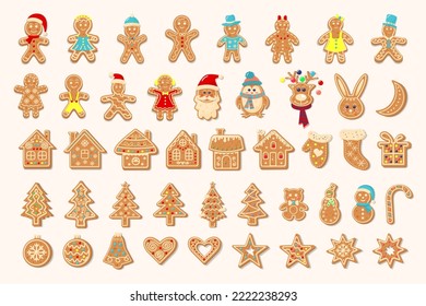 Big Christmas gingerbread collection. Gingerbread men and women, houses, Christmas trees, rabbit, Santa Claus, balls, hearts, snowflakes, stars, bear, penguin, deer, snowman, sock, mitten, bell, moon