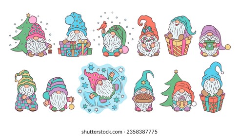 Big Christmas gnomes set pastel colors. Alternative Christmas palette bright vibrant muted colors. Fun gnome collection Xmas vector illustration. Festive holiday winter gnomes clipart for cute print.